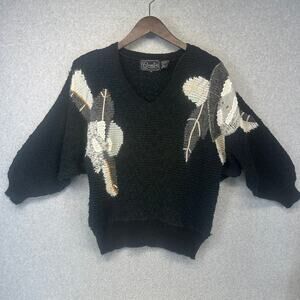 Rochelle California Sweater Medium Black Floral Embroidered V-Neck 3/4 Sleeve
